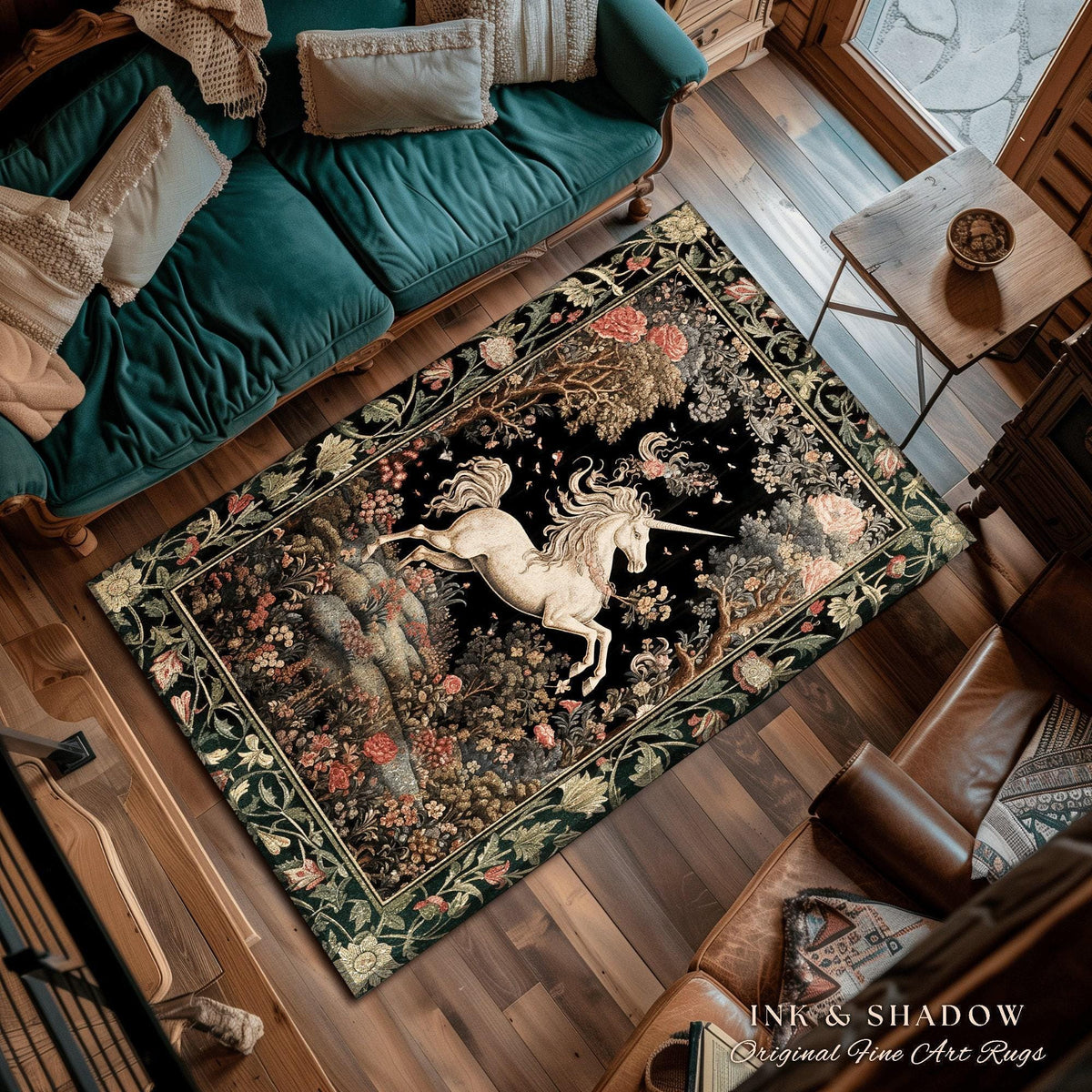 Unicorn Mystical Medieval Art Round Rug Folklore Whimsigothic Decor, Dark Cottagecore Mystic Grunge Fairycore Whimsical Witchy Home Accent |