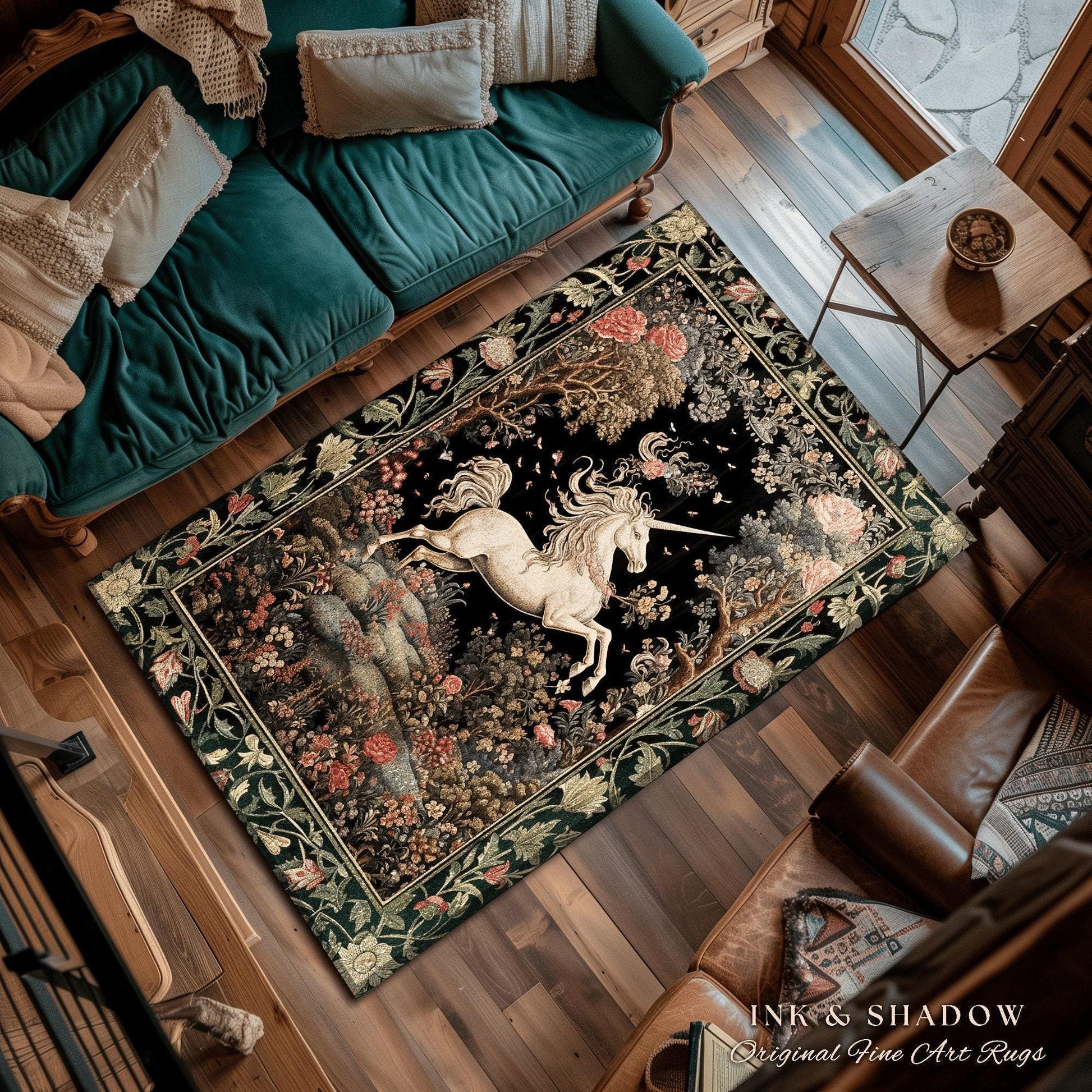 Unicorn Mystical Medieval Art Round Rug Folklore Whimsigothic Decor, Dark Cottagecore Mystic Grunge Fairycore Whimsical Witchy Home Accent |