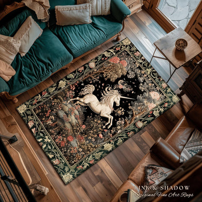 Unicorn Mystical Medieval Art Round Rug Folklore Whimsigothic Decor, Dark Cottagecore Mystic Grunge Fairycore Whimsical Witchy Home Accent |