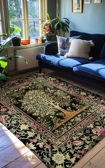 Art Nouveau Maximalist Tree Rug | Ornate Botanical Accent Rug Tree of Life Motif Medieval Floral Pattern Romantic Style Morris Inspired |