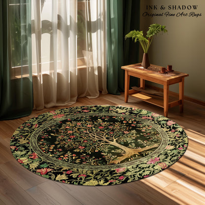 Art Nouveau Maximalist Tree Rug | Ornate Botanical Accent Rug Tree of Life Motif Medieval Floral Pattern Romantic Style Morris Inspired |