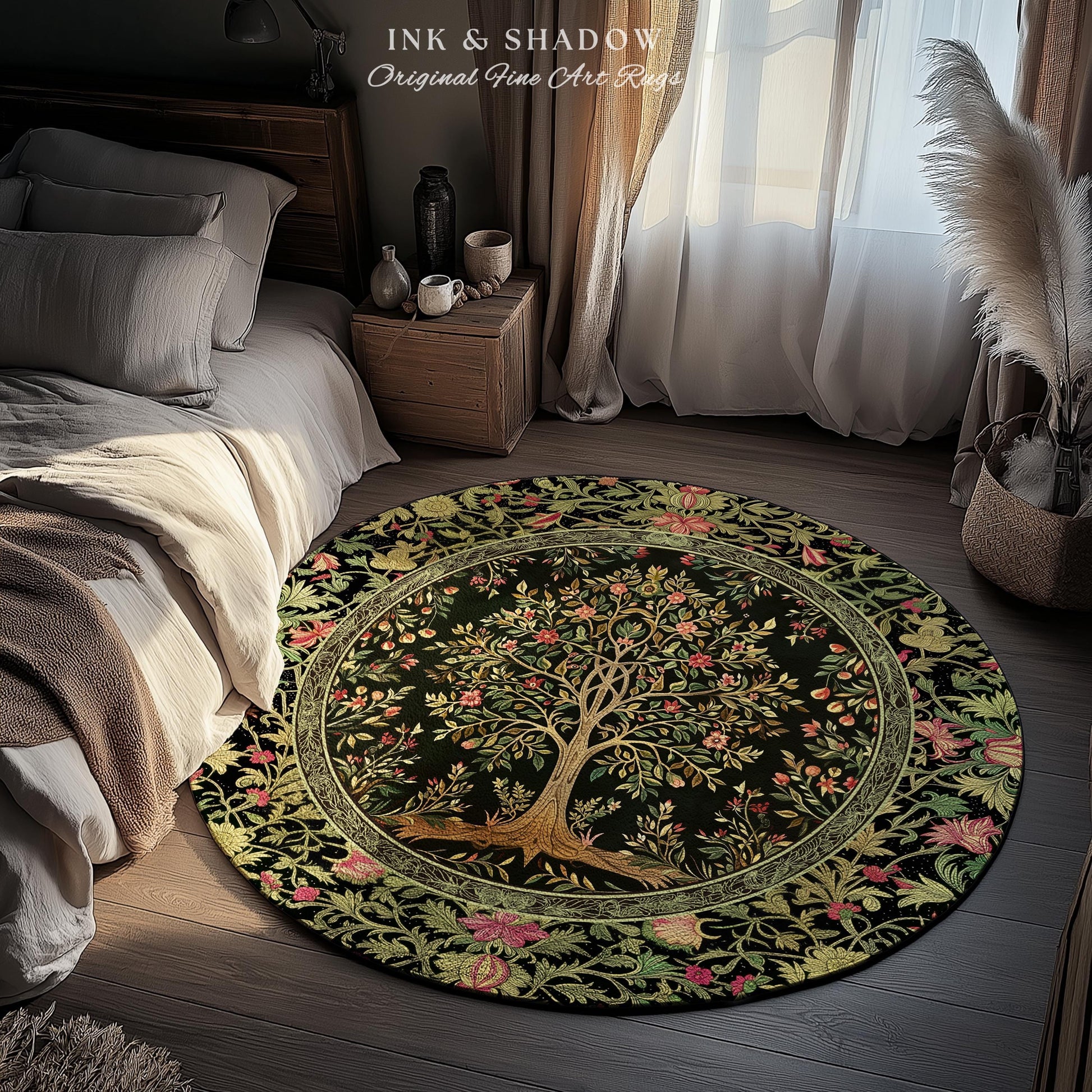 Art Nouveau Maximalist Tree Rug | Ornate Botanical Accent Rug Tree of Life Motif Medieval Floral Pattern Romantic Style Morris Inspired |