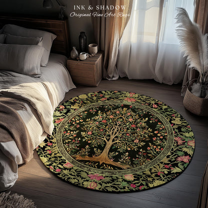 Art Nouveau Maximalist Tree Rug | Ornate Botanical Accent Rug Tree of Life Motif Medieval Floral Pattern Romantic Style Morris Inspired |