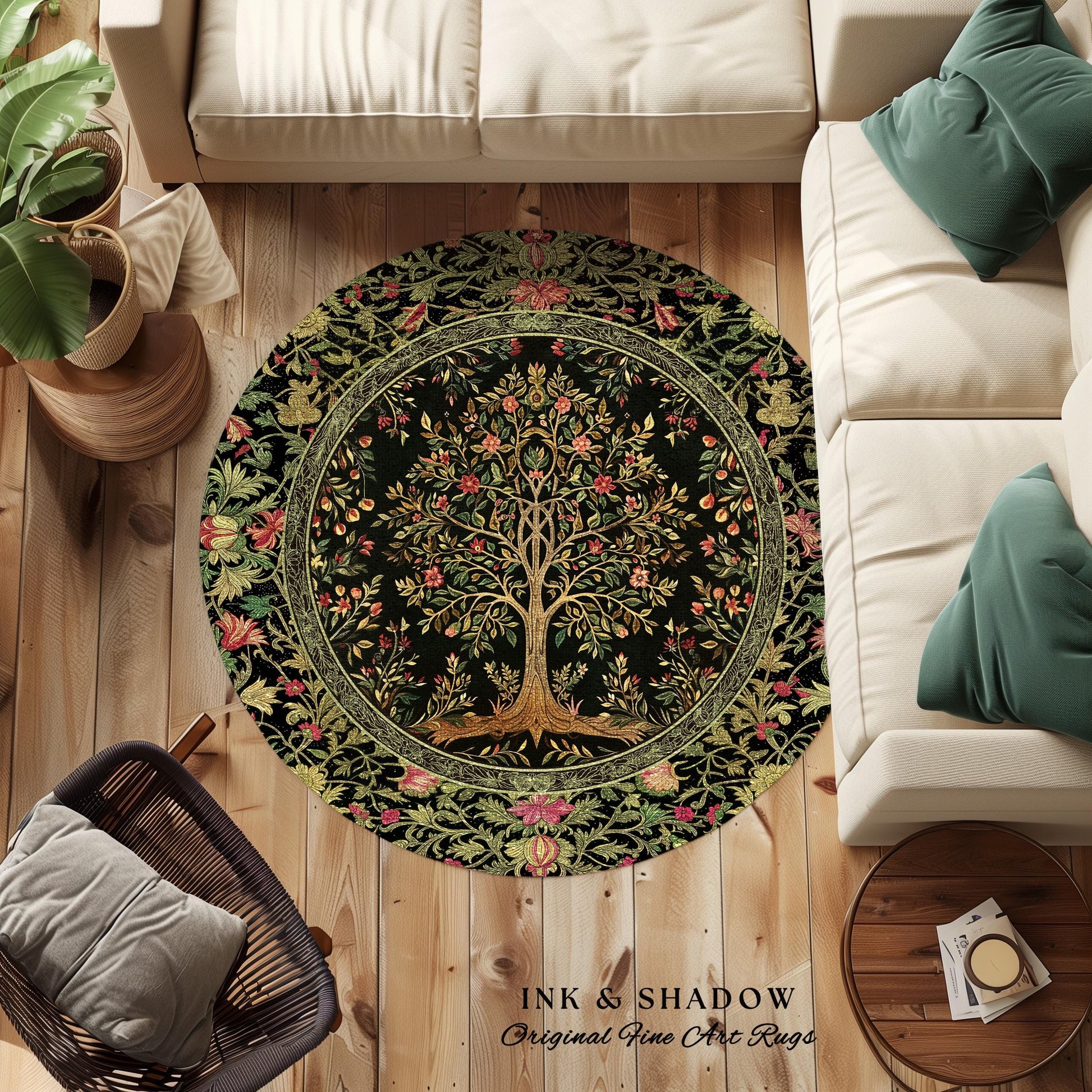Art Nouveau Maximalist Tree Rug | Ornate Botanical Accent Rug Tree of Life Motif Medieval Floral Pattern Romantic Style Morris Inspired |