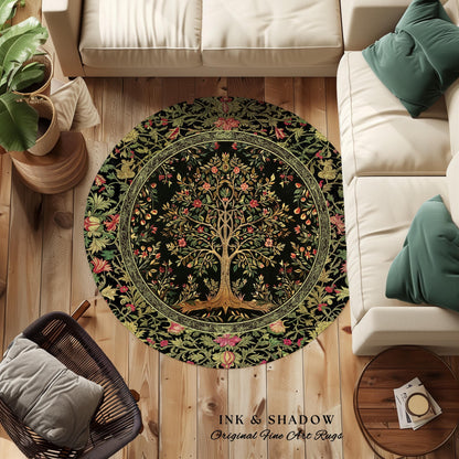 Art Nouveau Maximalist Tree Rug | Ornate Botanical Accent Rug Tree of Life Motif Medieval Floral Pattern Romantic Style Morris Inspired |