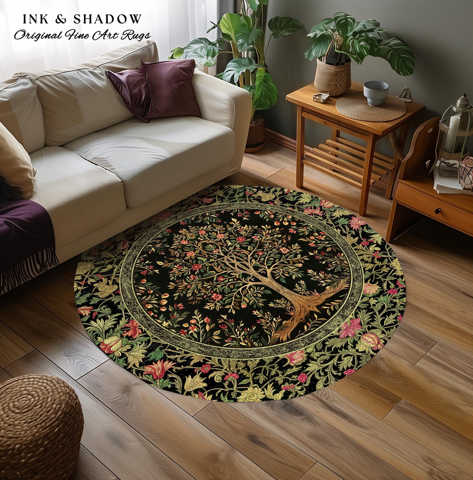 Art Nouveau Maximalist Tree Rug | Ornate Botanical Accent Rug Tree of Life Motif Medieval Floral Pattern Romantic Style Morris Inspired |