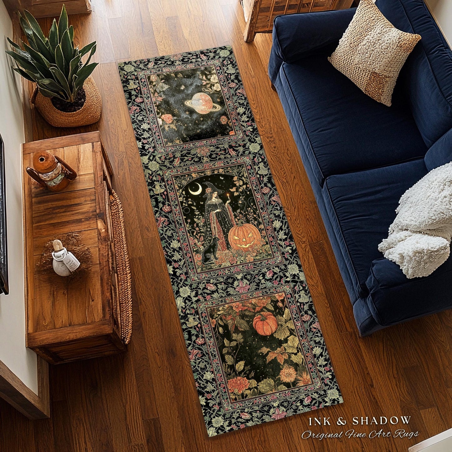 Halloween Gothic Witchcraft Area Rug | Ornate Gothic Black Cat Folklore Spooky Bedroom Jack-o-Lantern Fairytale Aesthetic Medieval Boho Moon