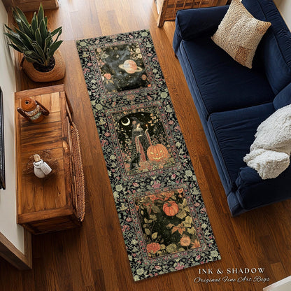Halloween Gothic Witchcraft Area Rug | Ornate Gothic Black Cat Folklore Spooky Bedroom Jack-o-Lantern Fairytale Aesthetic Medieval Boho Moon