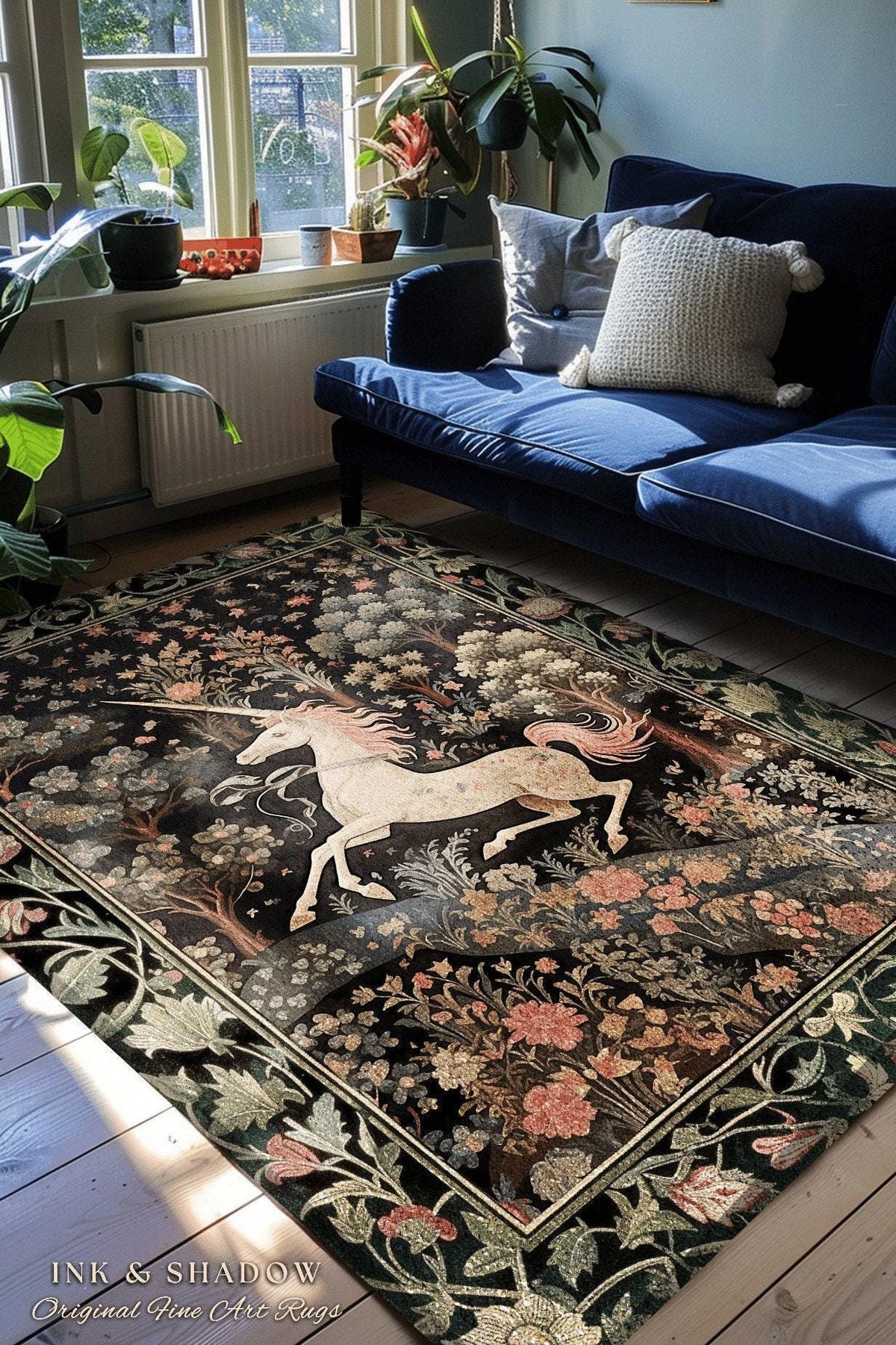 Celestial Unicorn Aesthetic Rug | Folklore Aesthetic Room Decor Morris Inspired Cottagecore Cozy Fairycore Unicorn Area Rug Mystical Bedroom