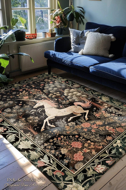 Celestial Unicorn Aesthetic Rug | Folklore Aesthetic Room Decor Morris Inspired Cottagecore Cozy Fairycore Unicorn Area Rug Mystical Bedroom