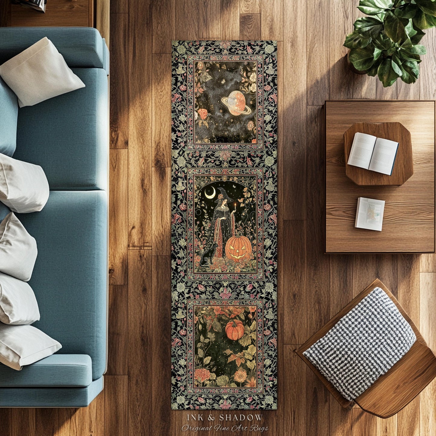 Halloween Gothic Witchcraft Area Rug | Ornate Gothic Black Cat Folklore Spooky Bedroom Jack-o-Lantern Fairytale Aesthetic Medieval Boho Moon