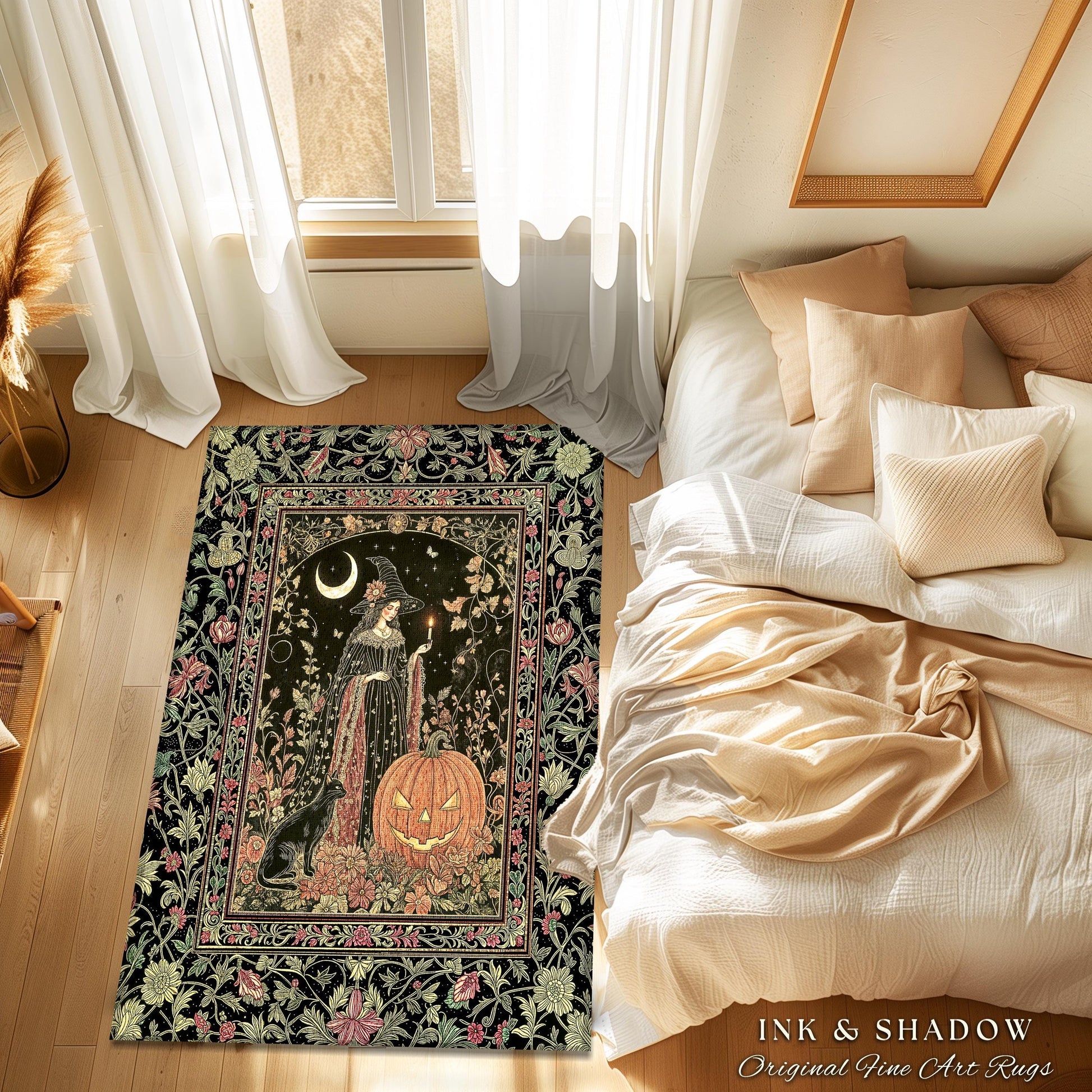 Halloween Gothic Witchcraft Area Rug | Ornate Gothic Black Cat Folklore Spooky Bedroom Jack-o-Lantern Fairytale Aesthetic Medieval Boho Moon