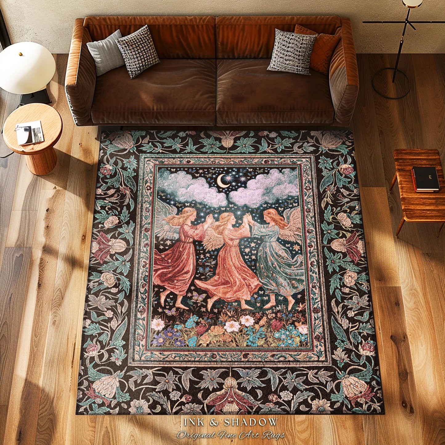 Medieval Pastel Angels Area Rug | Whimsical Fairytale Folklore Bedroom Accent Dark Academia Aesthetic Enchanted Cottagecore Ethereal Style