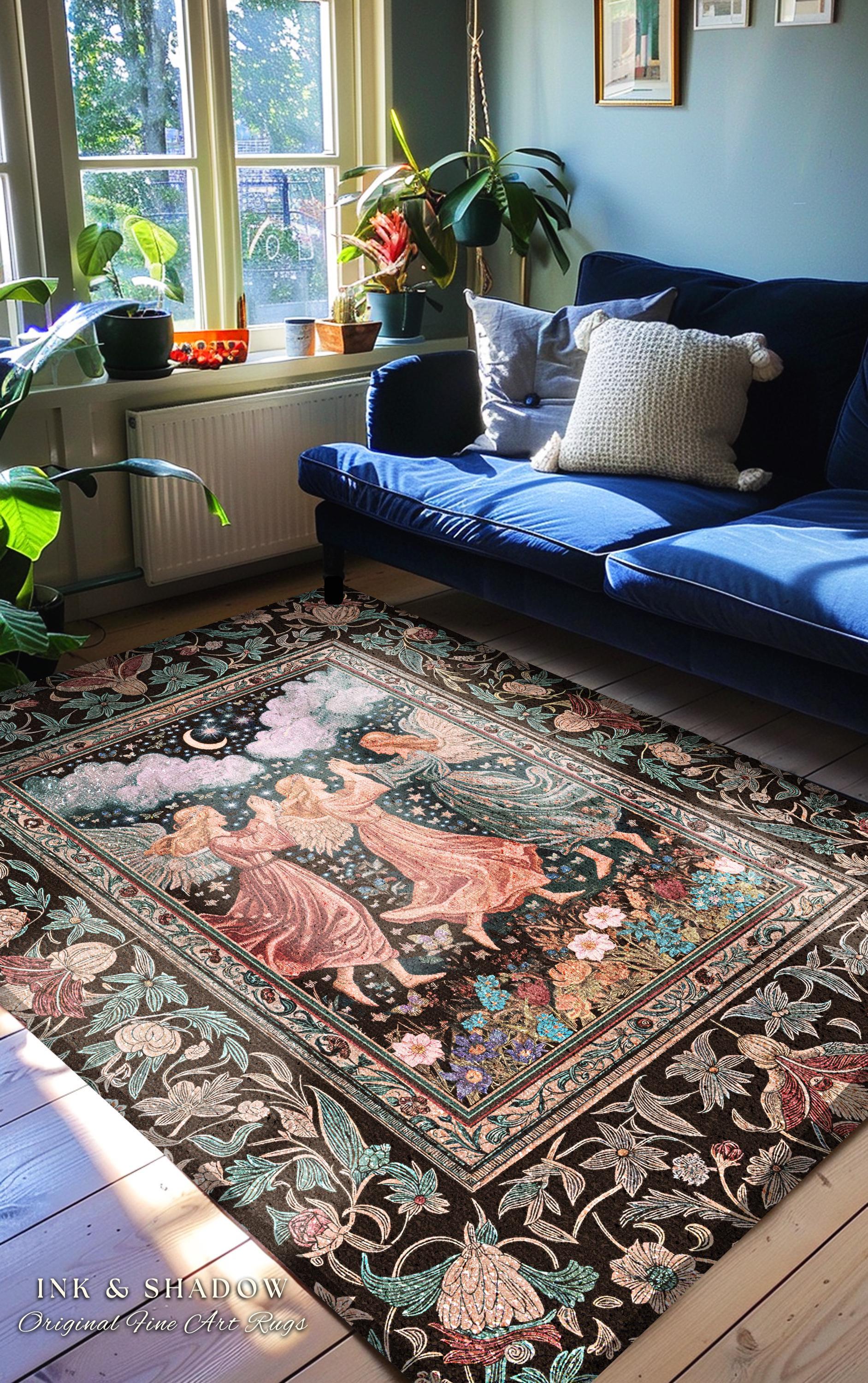 Medieval Pastel Angels Area Rug | Whimsical Fairytale Folklore Bedroom Accent Dark Academia Aesthetic Enchanted Cottagecore Ethereal Style