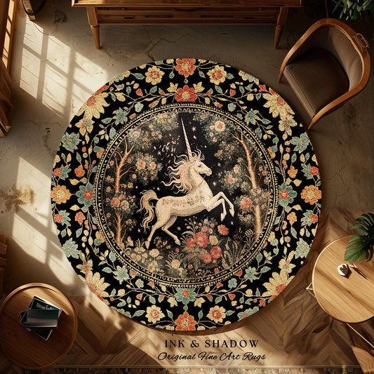 Mystical Folklore Unicorn Round Rug | Whimsical Decor Morris Inspired Cottagecore Aesthetic Pastel Floral Woodland Fairycore Large Area Rug