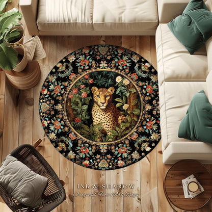 Whimsigoth Dark Floral Round Leopard Rug Dark Academia Decor | Maximalist Aesthetic Vintage Botanical Animal Lovers Cottagecore Jungle Decor