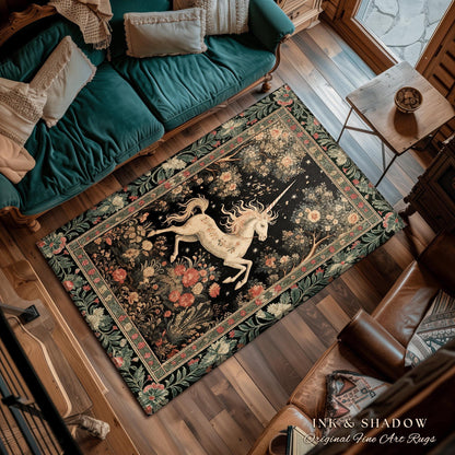 Mystical Folklore Unicorn Round Rug | Whimsical Decor Morris Inspired Cottagecore Aesthetic Pastel Floral Woodland Fairycore Large Area Rug