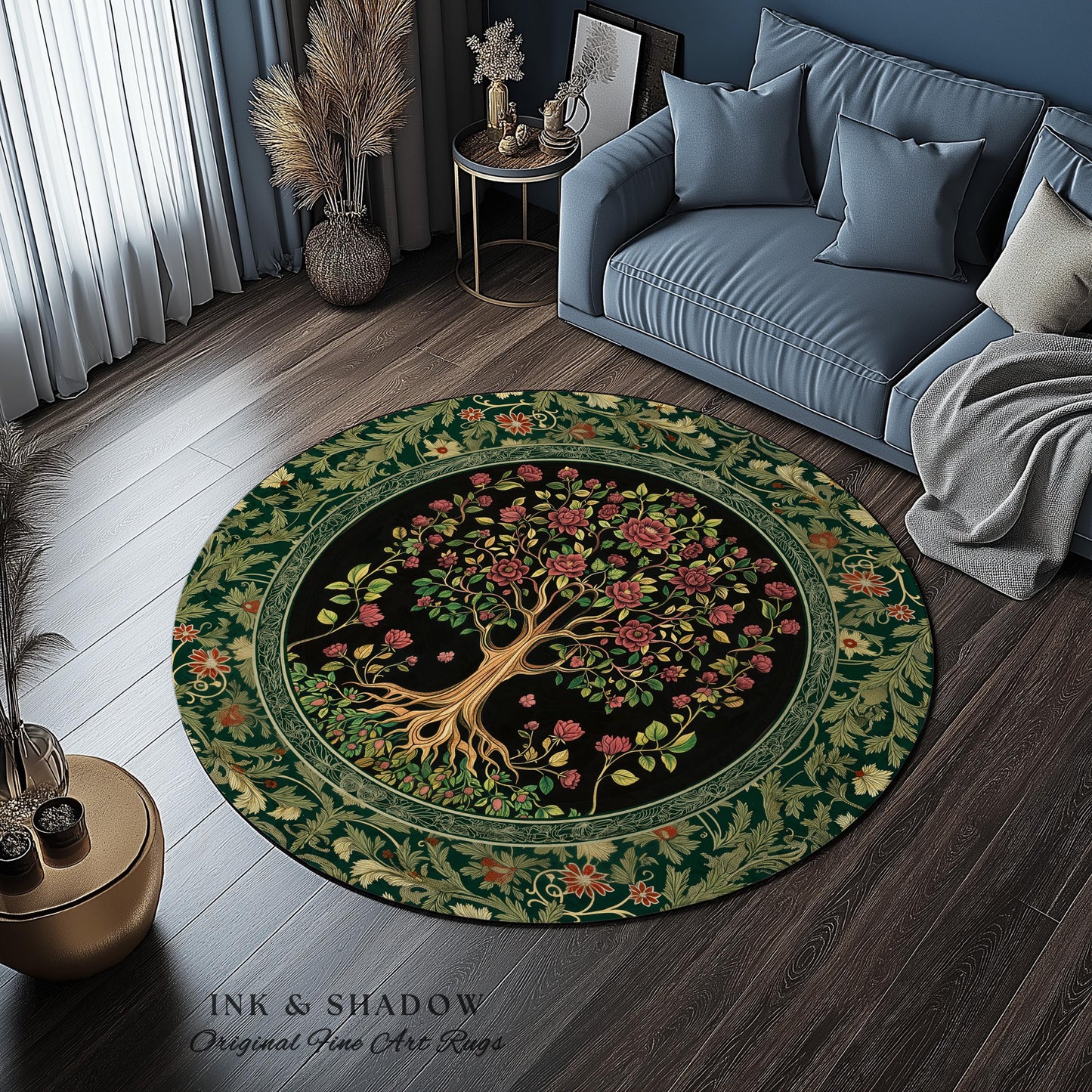 Floral Victorian Garden Tree Rug | Baroque Floral Design Folk Art Inspired Medieval Botanical Decor Romantic Rococo Cottagecore Accent Rug |