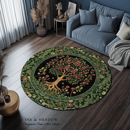 Floral Victorian Garden Tree Rug | Baroque Floral Design Folk Art Inspired Medieval Botanical Decor Romantic Rococo Cottagecore Accent Rug |