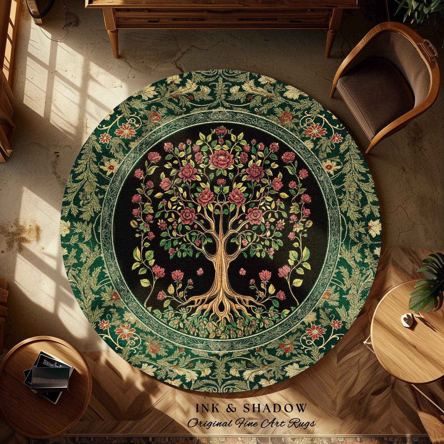 Floral Victorian Garden Tree Rug | Baroque Floral Design Folk Art Inspired Medieval Botanical Decor Romantic Rococo Cottagecore Accent Rug |