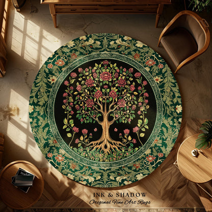 Floral Victorian Garden Tree Rug | Baroque Floral Design Folk Art Inspired Medieval Botanical Decor Romantic Rococo Cottagecore Accent Rug |