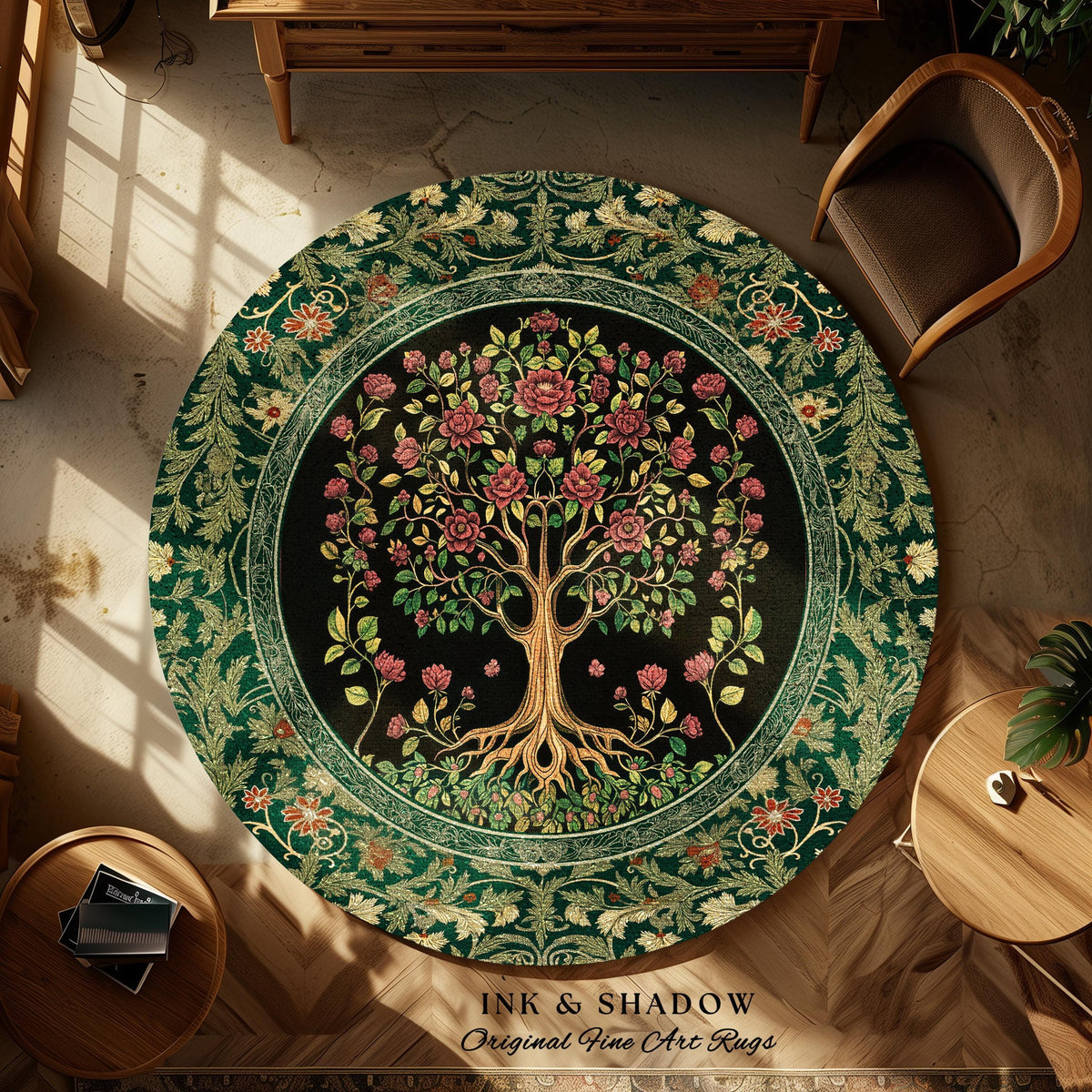 Floral Victorian Garden Tree Rug | Baroque Floral Design Folk Art Inspired Medieval Botanical Decor Romantic Rococo Cottagecore Accent Rug |