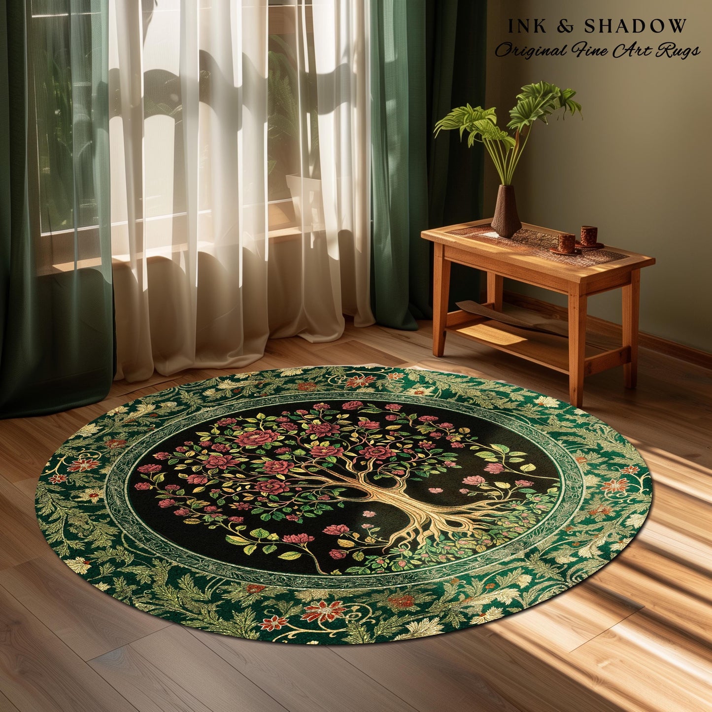 Floral Victorian Garden Tree Rug | Baroque Floral Design Folk Art Inspired Medieval Botanical Decor Romantic Rococo Cottagecore Accent Rug |