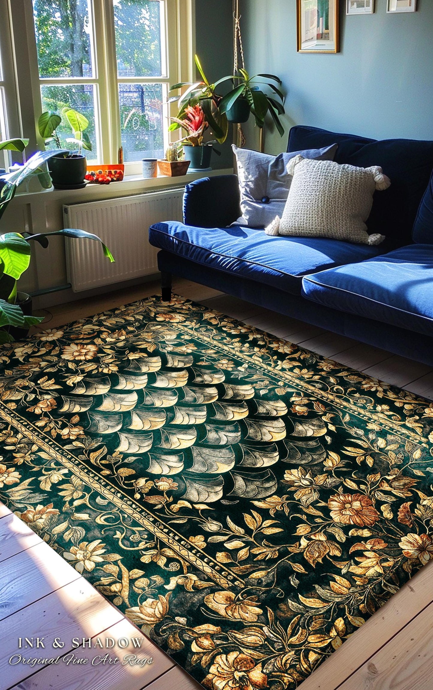Gothic Dragon Scale Ornate Area Rug | Eclectic Dark Academia Home Accent Rug Whimsical Moody Botanical Golden Aesthetic Fantasy Themed Art