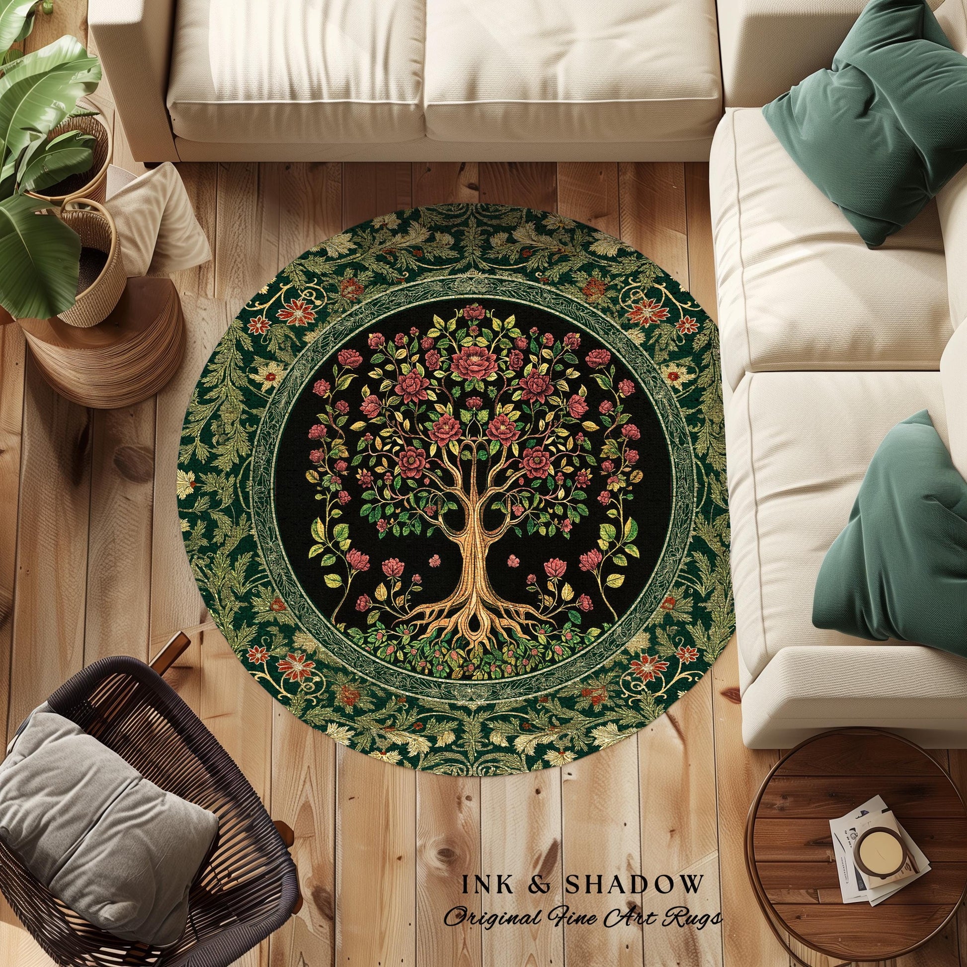Floral Victorian Garden Tree Rug | Baroque Floral Design Folk Art Inspired Medieval Botanical Decor Romantic Rococo Cottagecore Accent Rug |