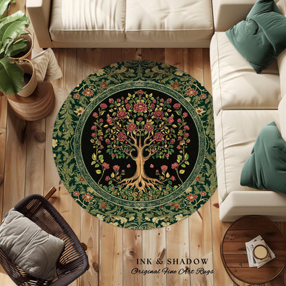 Floral Victorian Garden Tree Rug | Baroque Floral Design Folk Art Inspired Medieval Botanical Decor Romantic Rococo Cottagecore Accent Rug |