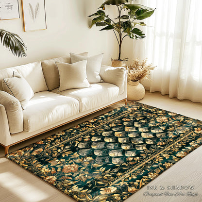 Gothic Dragon Scale Ornate Area Rug | Eclectic Dark Academia Home Accent Whimsical Moody Botanical Golden Aesthetic Fantasy Themed Floor Art