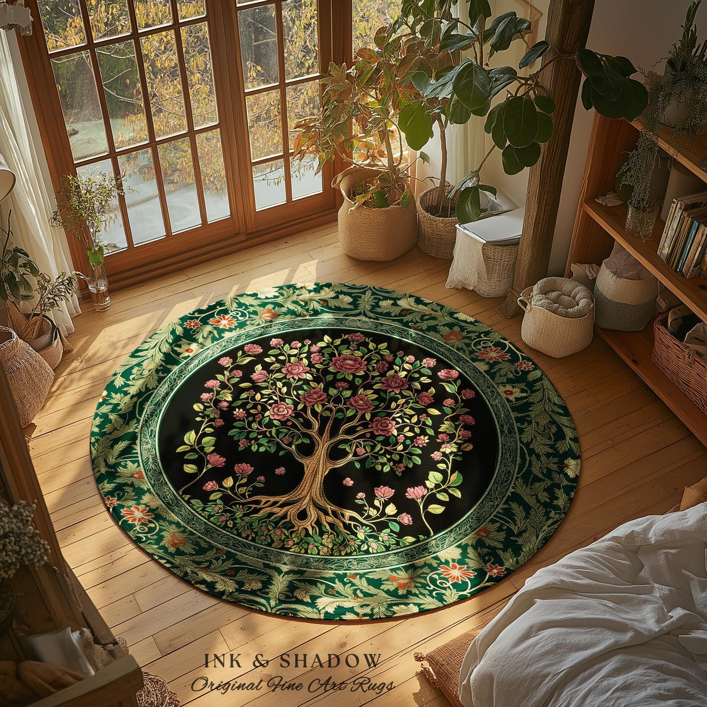 Floral Victorian Garden Tree Rug | Baroque Floral Design Folk Art Inspired Medieval Botanical Decor Romantic Rococo Cottagecore Accent Rug |