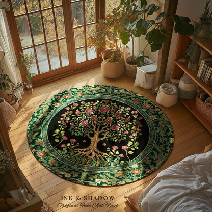Floral Victorian Garden Tree Rug | Baroque Floral Design Folk Art Inspired Medieval Botanical Decor Romantic Rococo Cottagecore Accent Rug |