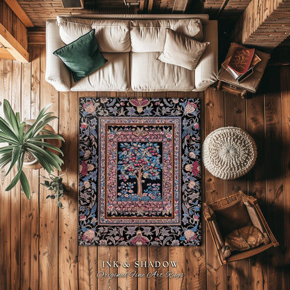 Mystical Dark Academia Tree of Life Area Rug | Moody Garden Jewel Tone Home Decor Baroque Botanical Style Dark Cottagecore Floral Accent |