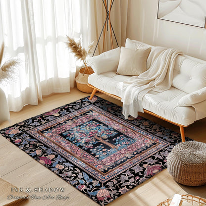 Mystical Dark Academia Tree of Life Area Rug | Moody Garden Jewel Tone Home Decor Baroque Botanical Style Dark Cottagecore Floral Accent |