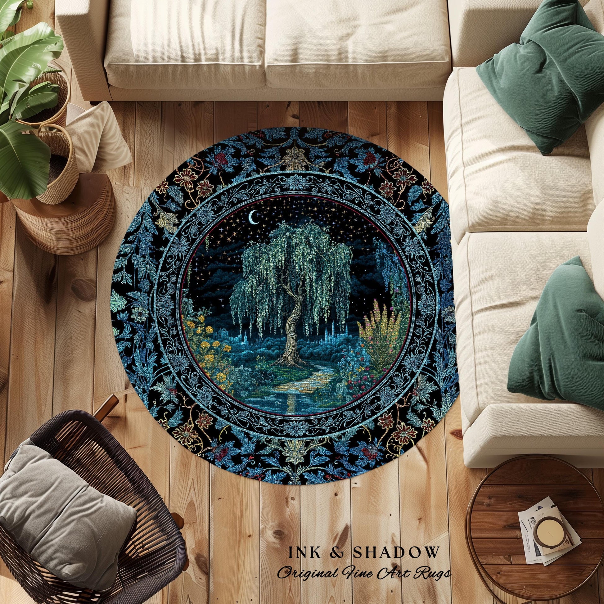 Starry Night Weeping Willow Tree Rug | Woodland Folklore Aesthetic Moonlit Castle Fairytale Decor Ethereal Witchy Home Interior Accent Boho