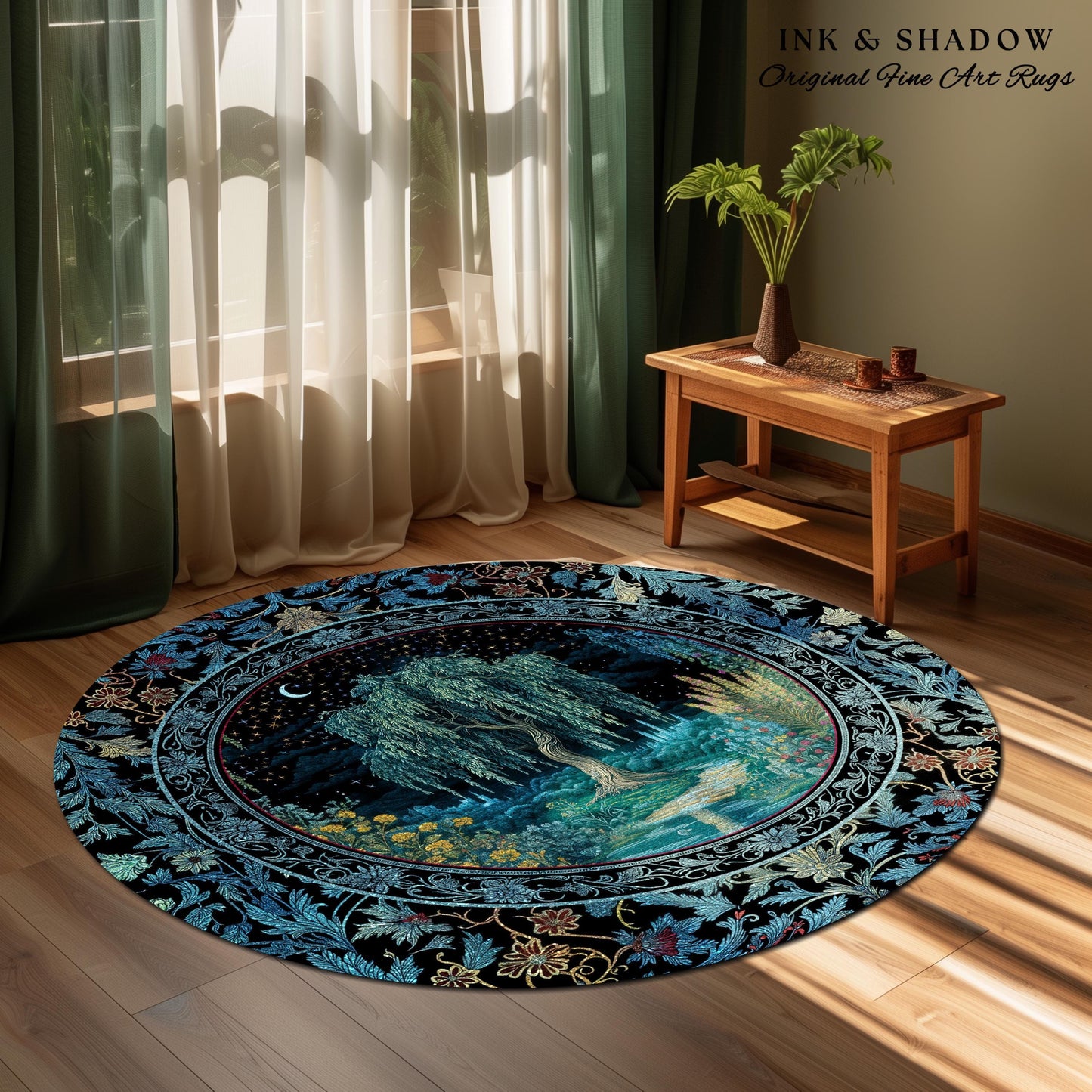 Starry Night Weeping Willow Tree Rug | Woodland Folklore Aesthetic Moonlit Castle Fairytale Decor Ethereal Witchy Home Interior Accent Boho