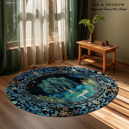 Starry Night Weeping Willow Tree Rug | Woodland Folklore Aesthetic Moonlit Castle Fairytale Decor Ethereal Witchy Home Interior Accent Boho