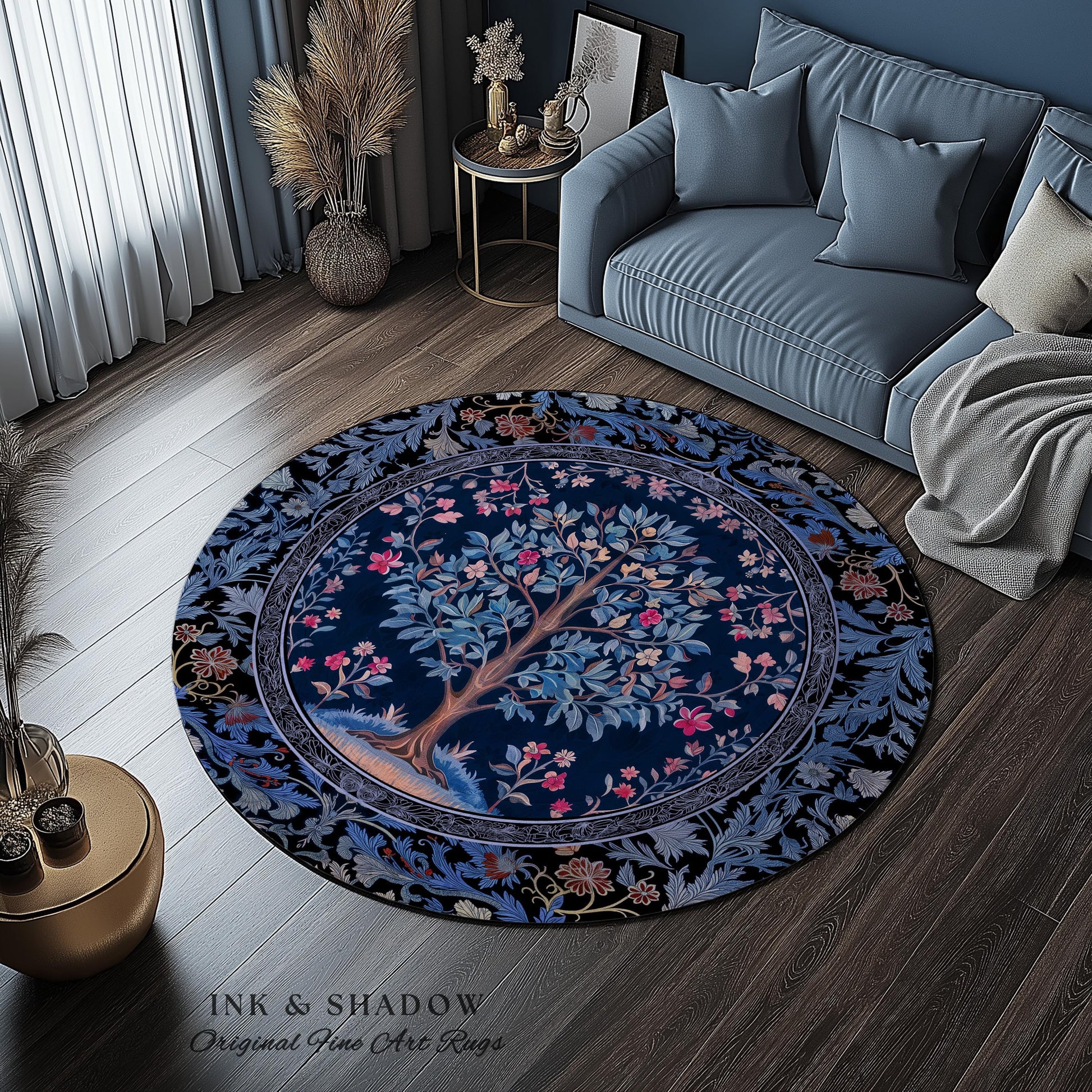 Dark Woodland Rich Baroque Tree of Life Rug | Intricate Garden Decor Romantic Baroque Floral Accent Morris Inspired Woodland Folk Art Style