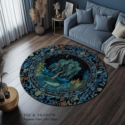 Starry Night Weeping Willow Tree Rug | Woodland Folklore Aesthetic Moonlit Castle Fairytale Decor Ethereal Witchy Home Interior Accent Boho