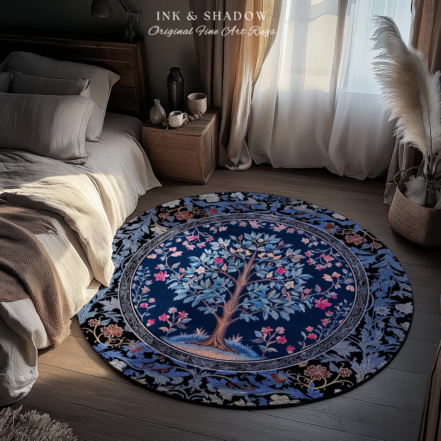 Dark Woodland Rich Baroque Tree of Life Rug | Intricate Garden Decor Romantic Baroque Floral Accent Morris Inspired Woodland Folk Art Style