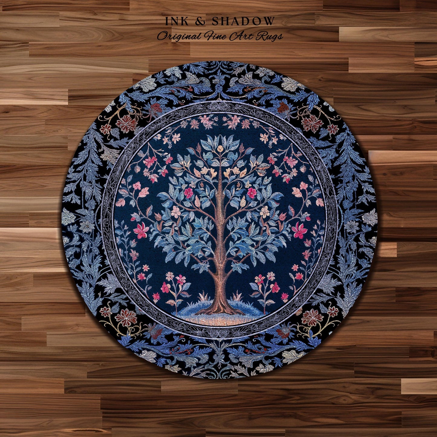 Dark Woodland Rich Baroque Tree of Life Rug | Intricate Garden Decor Romantic Baroque Floral Accent Morris Inspired Woodland Folk Art Style
