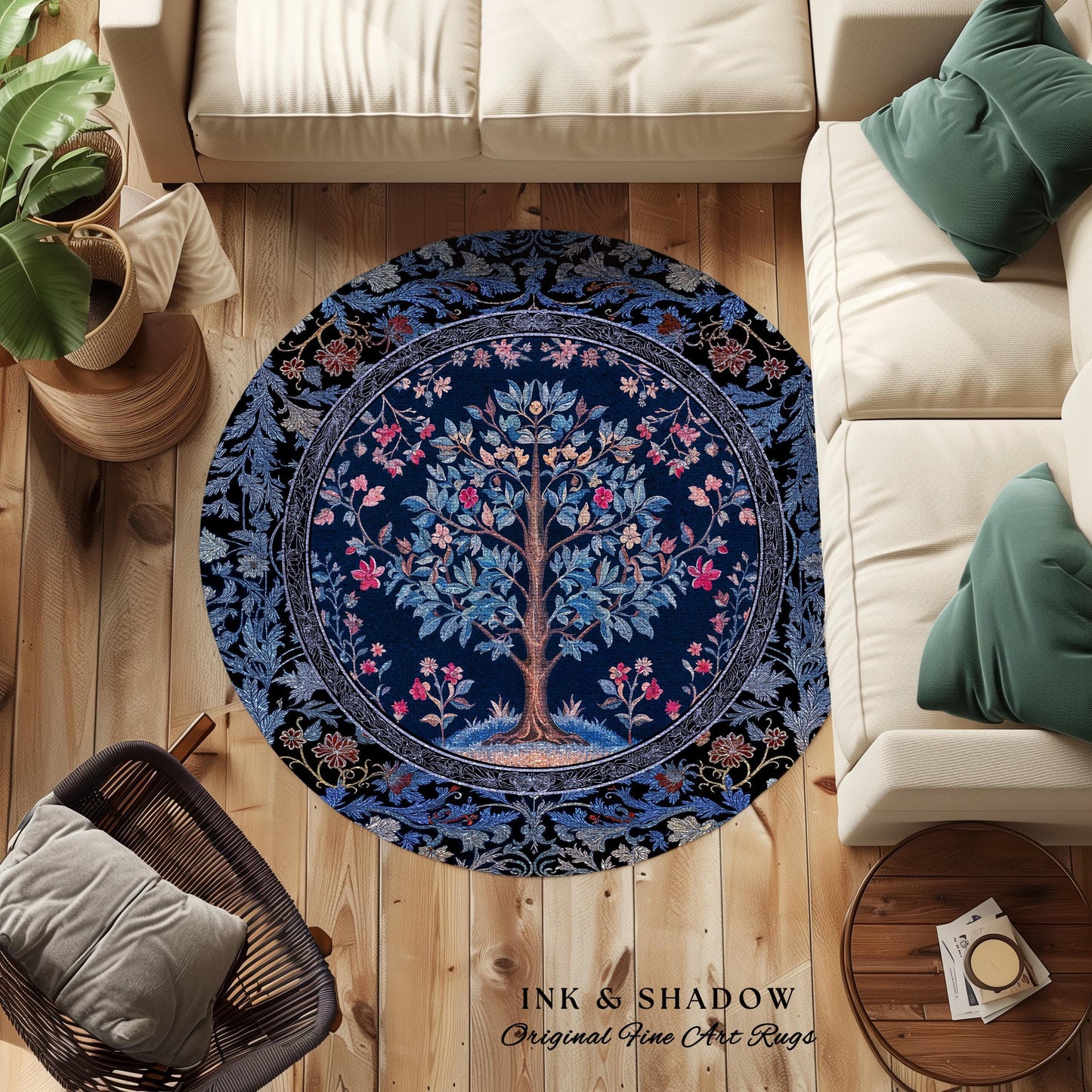 Dark Woodland Rich Baroque Tree of Life Rug | Intricate Garden Decor Romantic Baroque Floral Accent Morris Inspired Woodland Folk Art Style