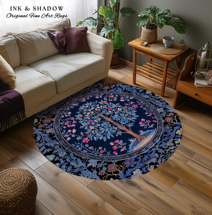 Dark Woodland Rich Baroque Tree of Life Rug | Intricate Garden Decor Romantic Baroque Floral Accent Morris Inspired Woodland Folk Art Style