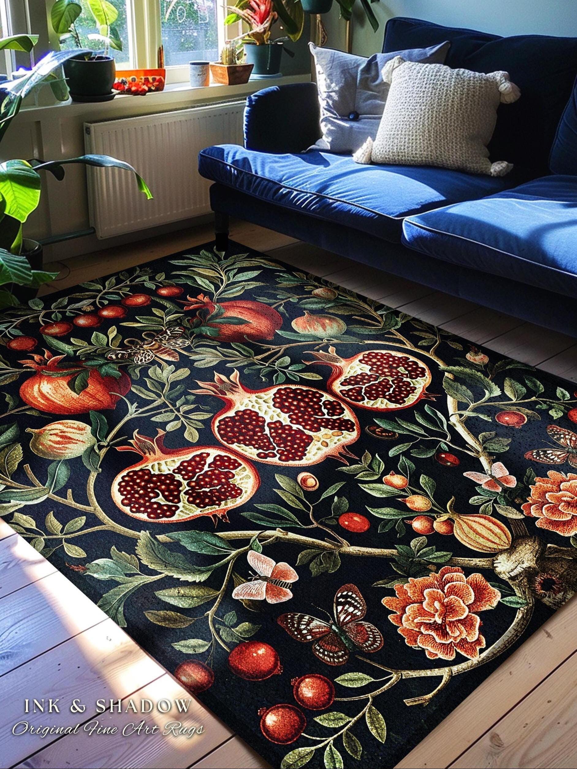 Botanical Pomegranate Enchanted Floral Whimsigothic Rug | Dark Academia Woodland Gothic Vintage Butterfly Moth Art Cottagegoth Occult Decor