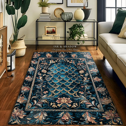 May include: A teal blue area rug with a floral pattern and a large, stylized, teal blue and gold scale pattern in the center. The rug has a dark blue background and a light pink floral pattern around the edges. The rug is on a hardwood floor in a living room setting.