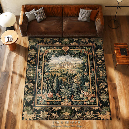 Rustic Floral Landscape Coquette Maximalist Castle Rug Dark Academia Victorian Royal Decor | Fantasy Princess Medieval Home Woodland Accent