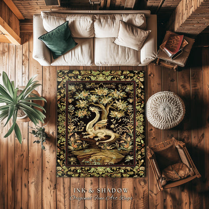Woodland Gothic White Dragon Round Area Rug Enchanted Forest Decor | Mystical Dark Academia Whimsical Fantasy Forestcore Dark Nature Decor