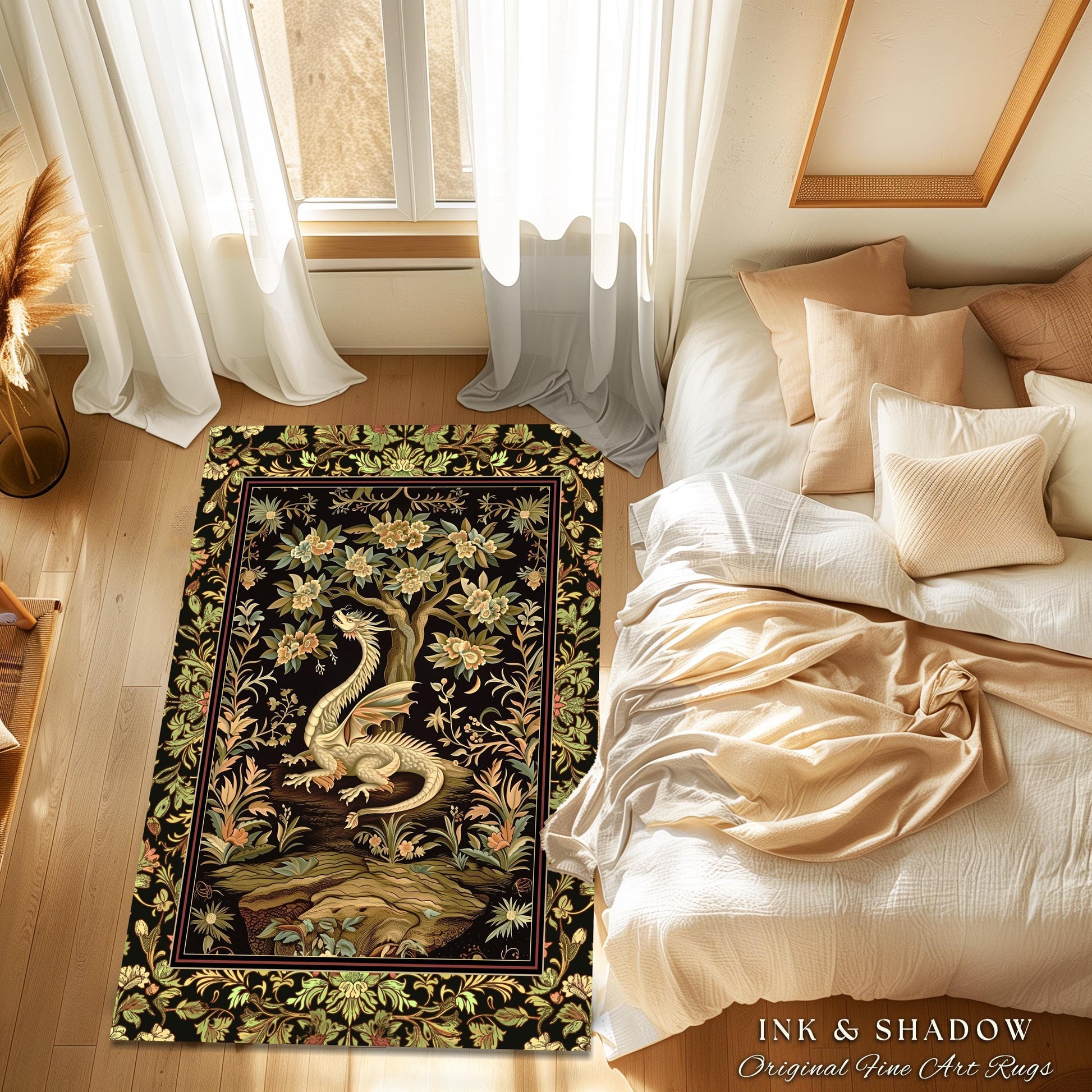 Woodland Gothic White Dragon Round Area Rug Enchanted Forest Decor | Mystical Dark Academia Whimsical Fantasy Forestcore Dark Nature Decor