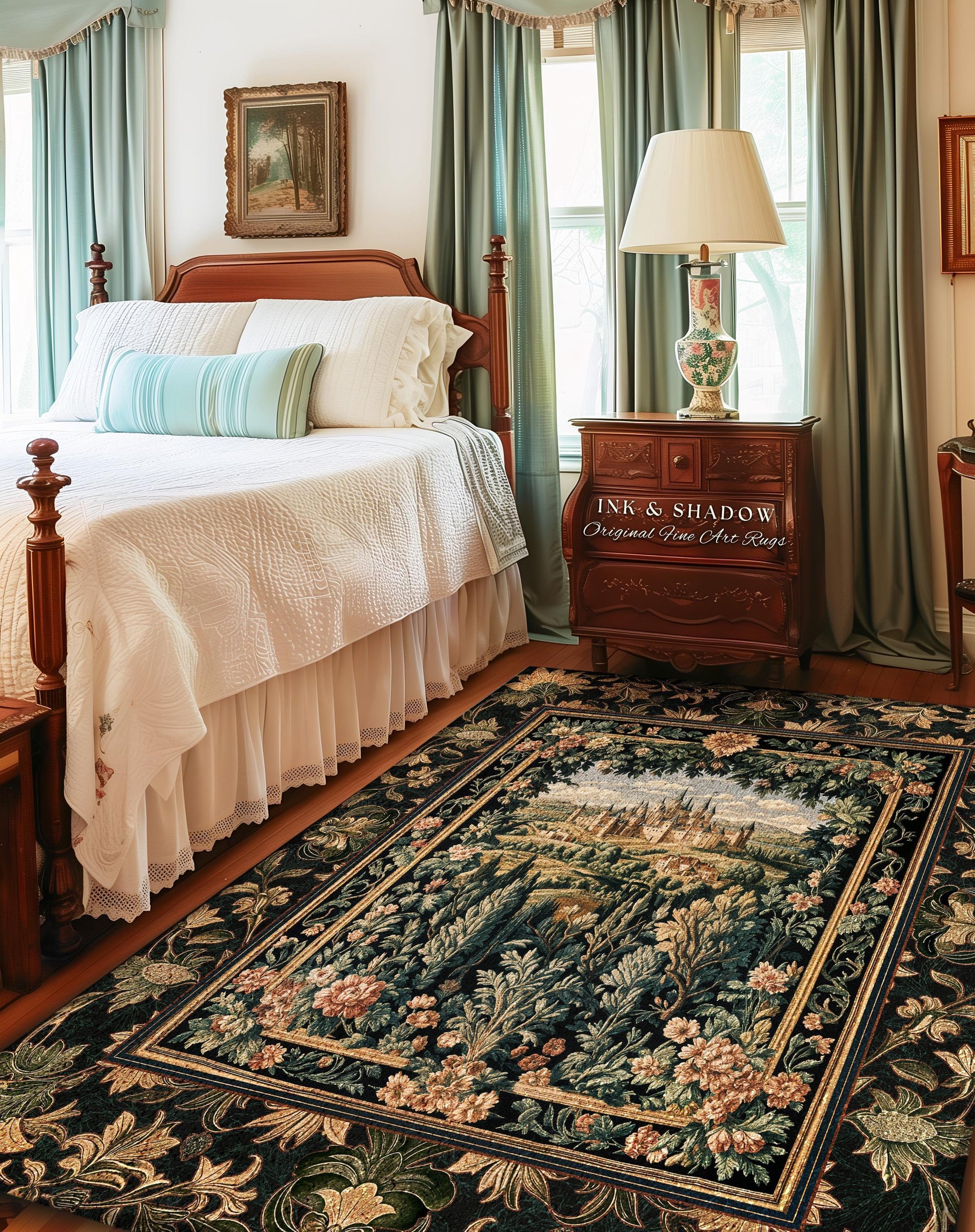 Rustic Floral Landscape Coquette Maximalist Castle Rug Dark Academia Victorian Royal Decor | Fantasy Princess Medieval Home Woodland Accent
